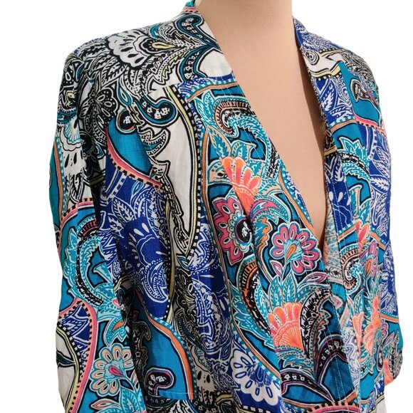 Chicos Womens Statement Jacket Artistic Paisley Linen Draped Open Front Sz 2 L - Picture 2 of 8